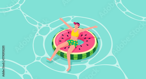 Summer Relaxation: A Person Floating Peacefully In A Watermelon Pool Float