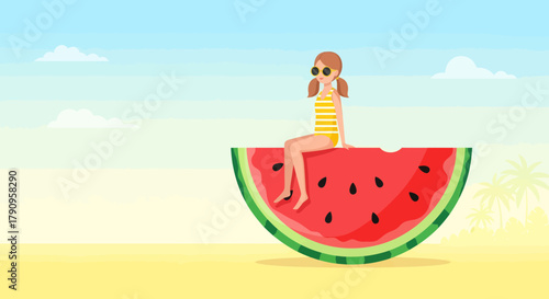 Summer Relaxation: A Woman Enjoying the Sun While Sitting On Top of a Watermelon