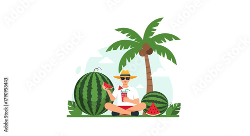 Summer Relaxation Scene Featuring Watermelons, Palm Tree, and Refreshing Drinks