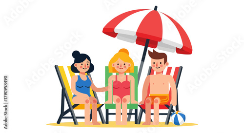 Summer Relaxation Scene: Friends Enjoying Sun And Shade At Beachfront Retreat