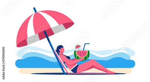 Summer Relaxation Scene: Woman Lounging by the Shore with Refreshing Watermelon