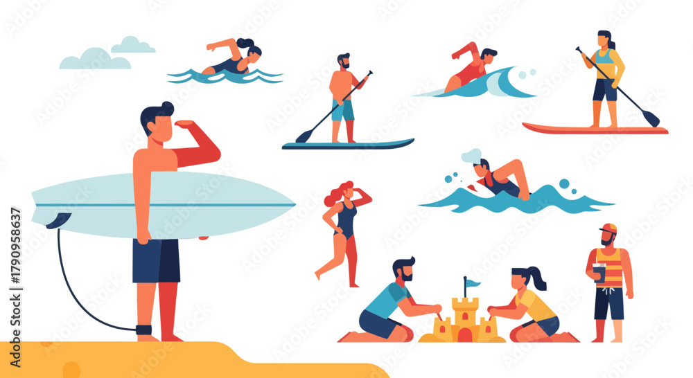 Fototapeta premium Summer Beach Recreation Activities Depicted, Surfing, Kayaking, Swimming, And Sandcastle Building