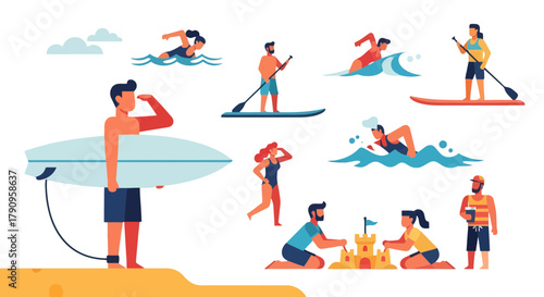 Summer Beach Recreation Activities Depicted, Surfing, Kayaking, Swimming, And Sandcastle Building
