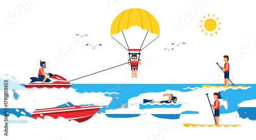 Summer Watersports Adventure: Parachuting, Jet Skiing, Paddleboarding, And Swimming Fun
