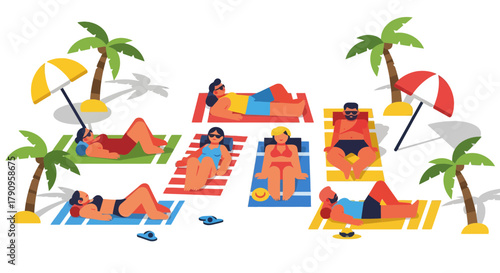 Sunbathers In Festive Beachwear Relaxing Under Umbrellas And Palms On A Dark Background