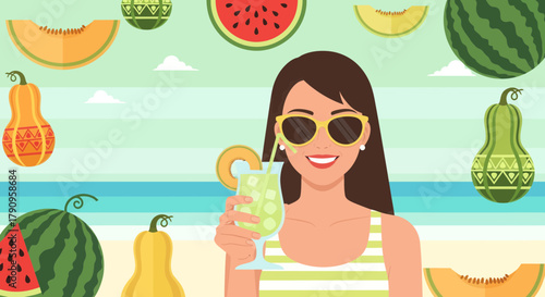 Summer Bliss: A Woman Enjoys Refreshing Drink With Fruits and Sunshine on the Beach