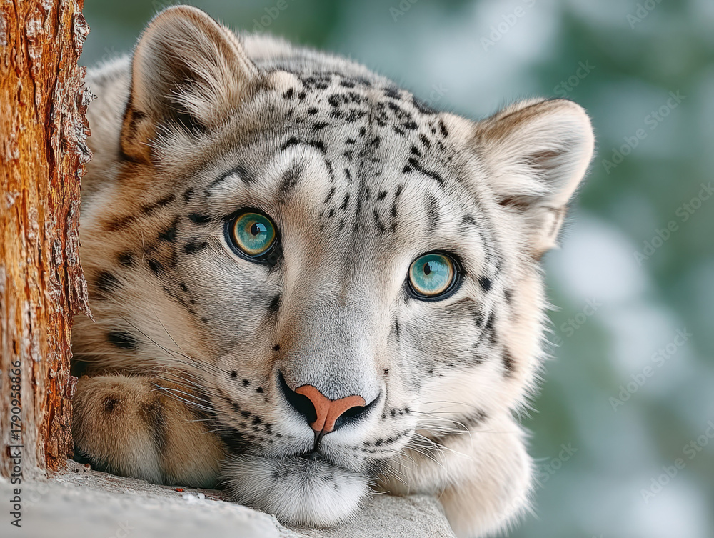 Fototapeta premium snow leopard resting on a rock