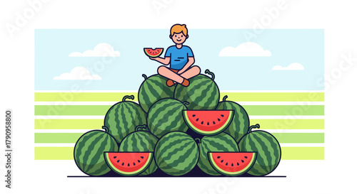 Summer Delights: Cartoon Boy Enjoying Watermelon atop Pile of Refreshing Fruits