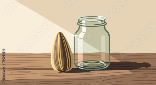 Sunflower Seed and Empty Jar Illustration Against a Textured Wooden Table