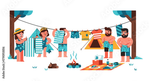 Summer Camping Adventure With Clothes Drying And Bonfire Scene Illustration