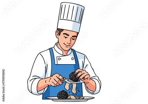 A smiling chef meticulously shaves black truffles onto a plate. Detailed illustration, professional style, perfect for culinary or food-related projects.