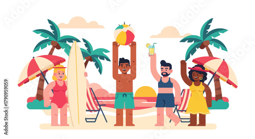 Summer Fun: Friends Enjoying Beach Day With Surfboard and Cocktails Under the Sun