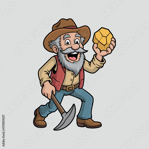 Illustration of cartoon miner prospector holding gold nugget and pickaxe happy after finding fortune adventure and mining concept vector