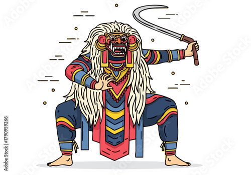 A stylized illustration of a Balinese Barong Spirit warrior, wielding a sickle, against a vibrant yellow background. Bold lines and graphic design create a striking, modern image.