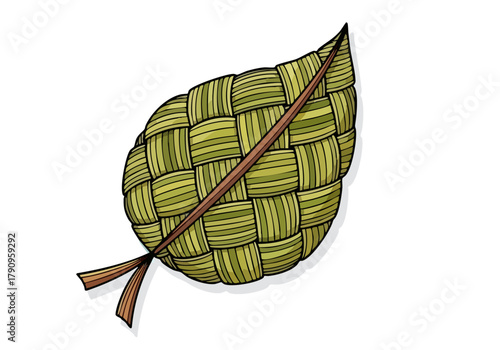 A stylized illustration of a woven leaf art piece, featuring a brown stem and a textured, green weave. Simple, graphic design, perfect for backgrounds or decorative elements.