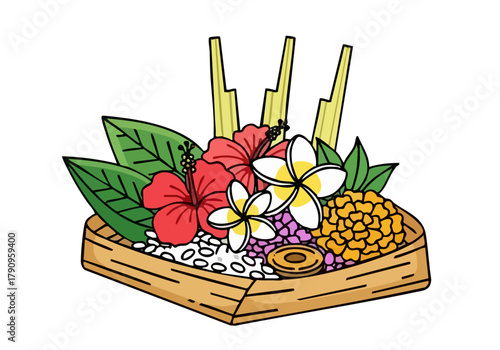 vibrant Balinese offering basket overflows with tropical flowers and foliage This colorful symbol represents hospitality and tradition perfect for travel culture or decorative designs