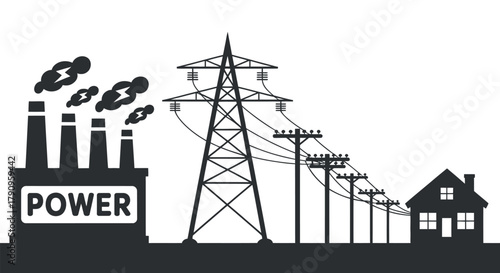 Illustration of Power Lines Connecting Factory With Pollution to a House
