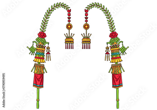 vibrant Penjor Bali Pride decoration featuring intricate floral and tassel details Bold colors and a stylized design
