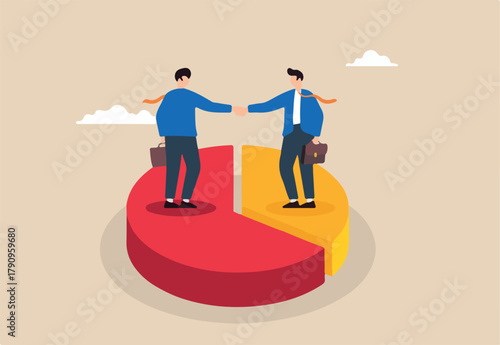 Flat illustration of businessman shakes hands on pie chart representing partnerships and sharing profits in merger