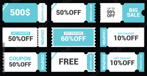 Various coupon promotion illustration set. coupon set, coupons, discount coupon, gift voucher, coupon book. Vector drawing. Hand drawn style