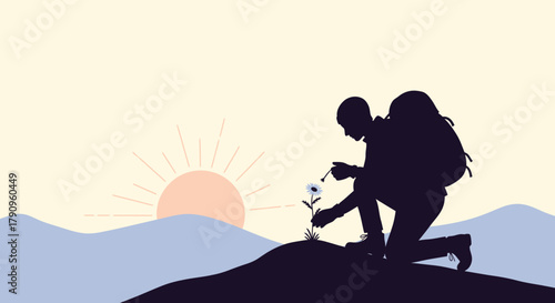 Silhouette Of Hiker Planting Flower During Sunrise, Illustrating Nature's Connection