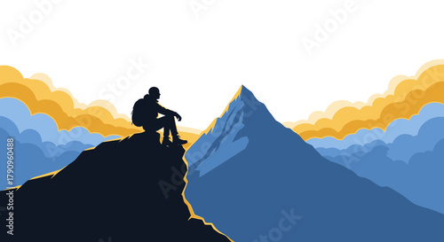 Silhouette Of Hiker Relaxing On Cliff Before Astonishing Mountain Range Scenery