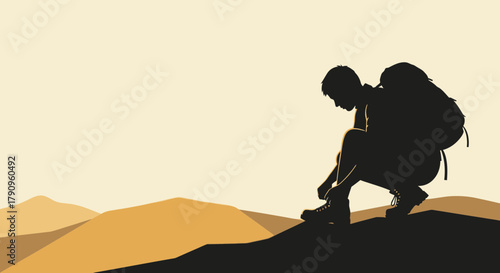 Silhouette Of Hiker Preparing For Journey With Backpack Before Landscape Exploration Adventure