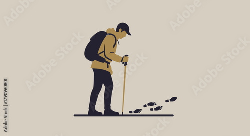 Silhouette Of Hiker, Trail-Marks, Journey, Explorer With Walking-Stick And Travel Backpack