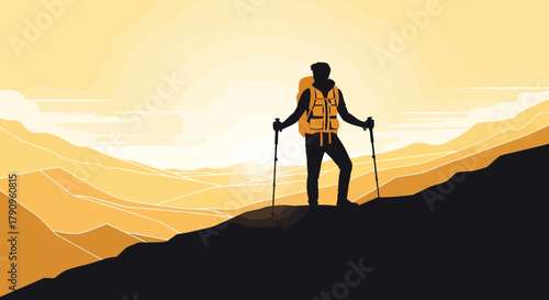 Silhouette Of Adventurer Exploring Mountain Range At Sunrise With Hiking Poles