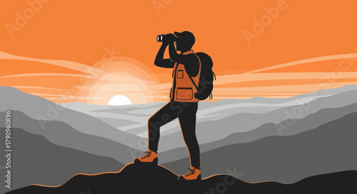 Silhouette Of Adventurer Gazing With Binoculars Amidst Mountain Vista At Orange Sunrise