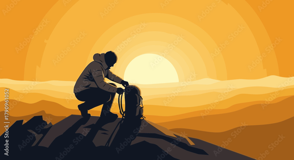 Obraz premium Silhouette Of Adventurer Taking A Break During Sunrise With Backpack On Hill