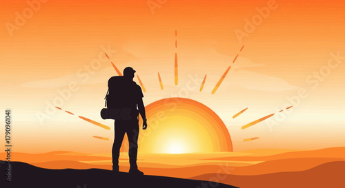 Silhouette Of Adventurer Watching The Sunset Above The Horizon In Adventure Scene