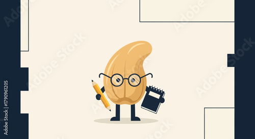 Smart Cashew Nut Cartoon Character Holding Pencil And Notebook With Eyeglasses