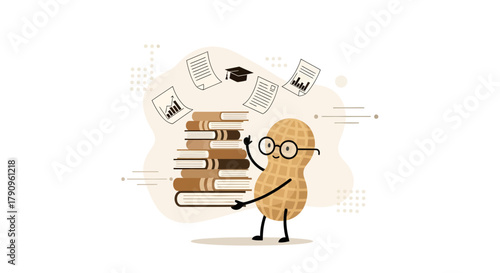 Smart Peanut Character Holding Books and Documents Indicating Study and Knowledge