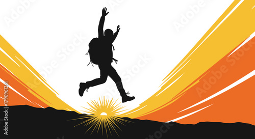 Silhouette Of Adventurous Hiker With Backpack Jumping High Against Sunset Background