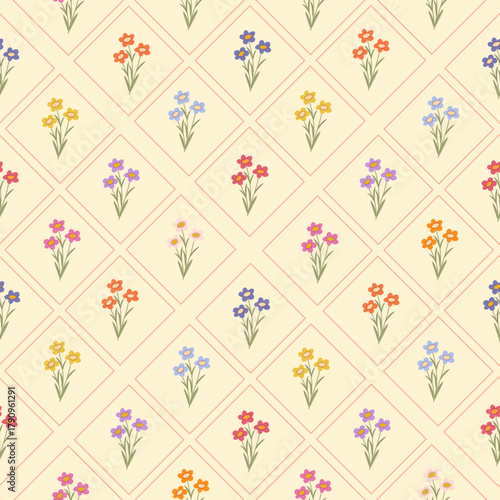 Seamless retro floral pattern with colorful small flowers in a diamond grid on a light background. Vintage wallpaper or fabric print