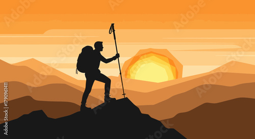 Silhouette Of Hiker Ascending Mountain At Sunset Capturing Adventure And Perseverance