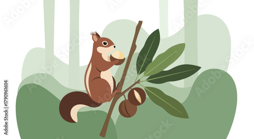 Squirrel Enjoying a Nut in a Stylized Forest Environment Illustration Design