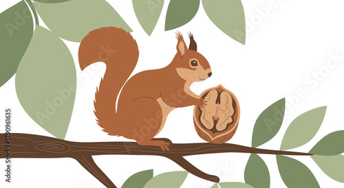 Squirrel Holding a Walnut on a Branch Nestled Amidst Green Foliage Illustration