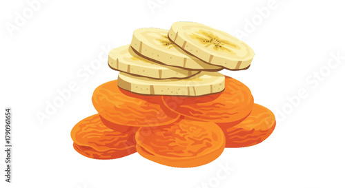 Stacked Slices Displaying Apricots and Bananas Against a Black Backdrop Illustration