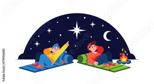 Stargazing Adventure: Two Friends Enjoying a Night Under the Stars, Campfire