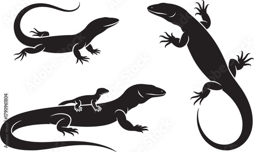 Black silhouettes of monitor lizards adult and baby in various positions vector illustration set