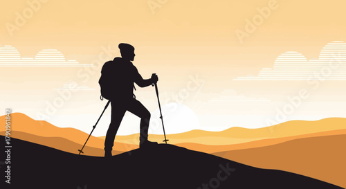 Silhouette Of Hiker Observing Mountain Landscape During Beautiful Sunset Scenery
