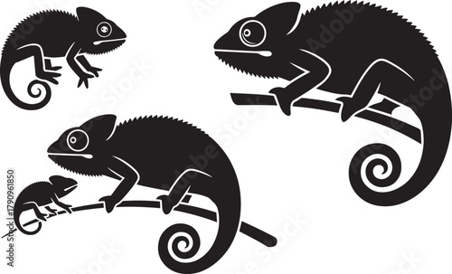 Black silhouettes of veiled chameleons adult and baby on branches vector illustration set