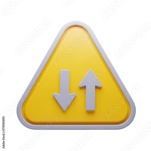 Yellow triangle warning sign with two arrows isolated on transparent background