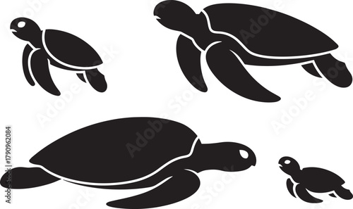 Ocean sea turtle vector silhouettes set large marine reptile animal swimming illustration graphic concept design element