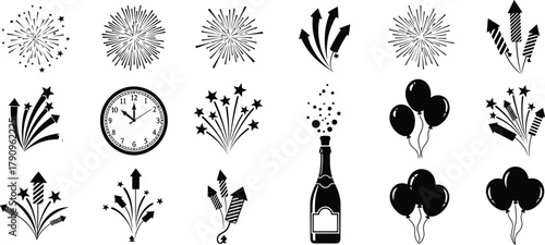 New Year silhouettes featuring fireworks, clocks, champagne, and balloons for festive celebrations