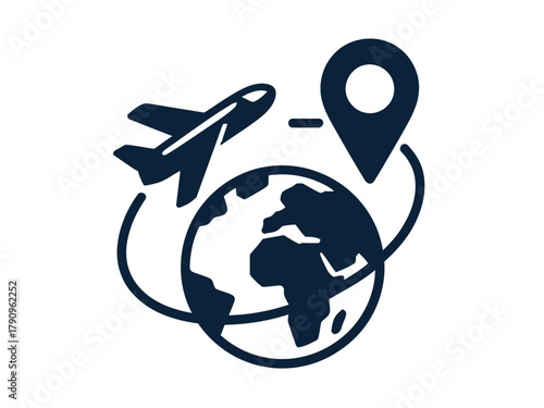 An airplane travels around the globe to a specified destination.