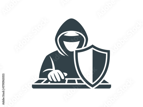 A hacker wearing a hoodie and mask sits at a keyboard with a shield symbolizing security.