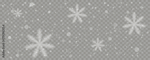 Realistic heavy snowfall with blurring snowflakes and bokeh effect, winter overlay isolated on transparent background. Editable vector illustration.